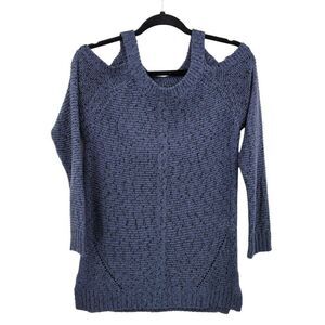 Vintage 90s Cold Shoulder Flecked Rib Knit Sweater Top M Blue Black Casual